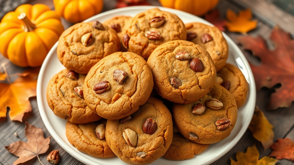 A plate of pumpkin cookies with mixed nuts on a wooden table, surrounded by autumn decorations.